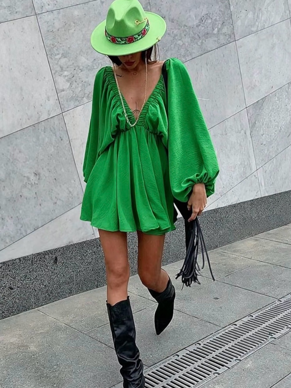 SHEIN Bright Green Deep V Babydoll Mini Dress with Balloon Sleeves